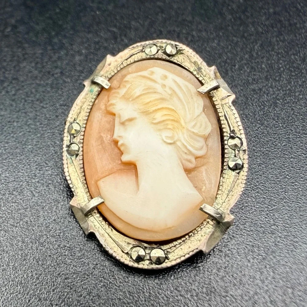 Vintage Shell Cameo Brooch 800 Silver Marcasite Left Facing Small
